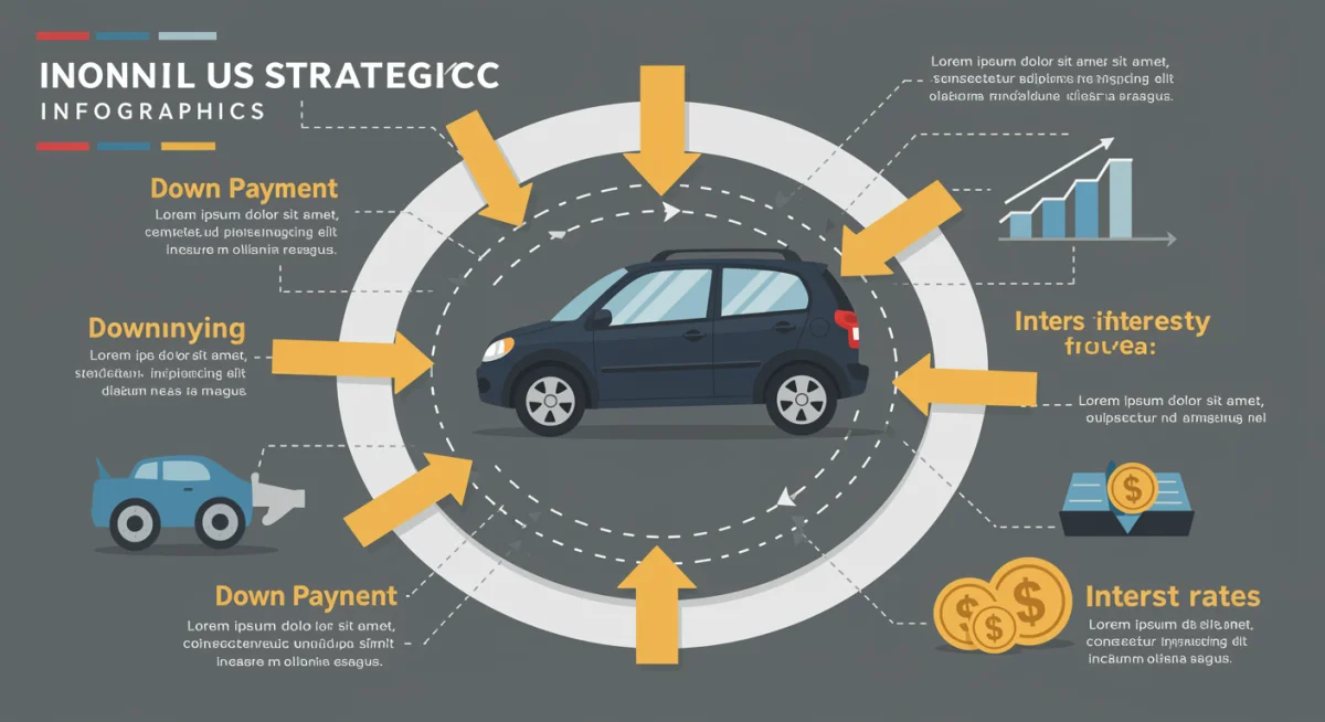 Infográfico detalhado sobre estratégias financeiras para compra de carro, incluindo entrada, financiamento e taxas de juros, com foco em escolhas inteligentes.