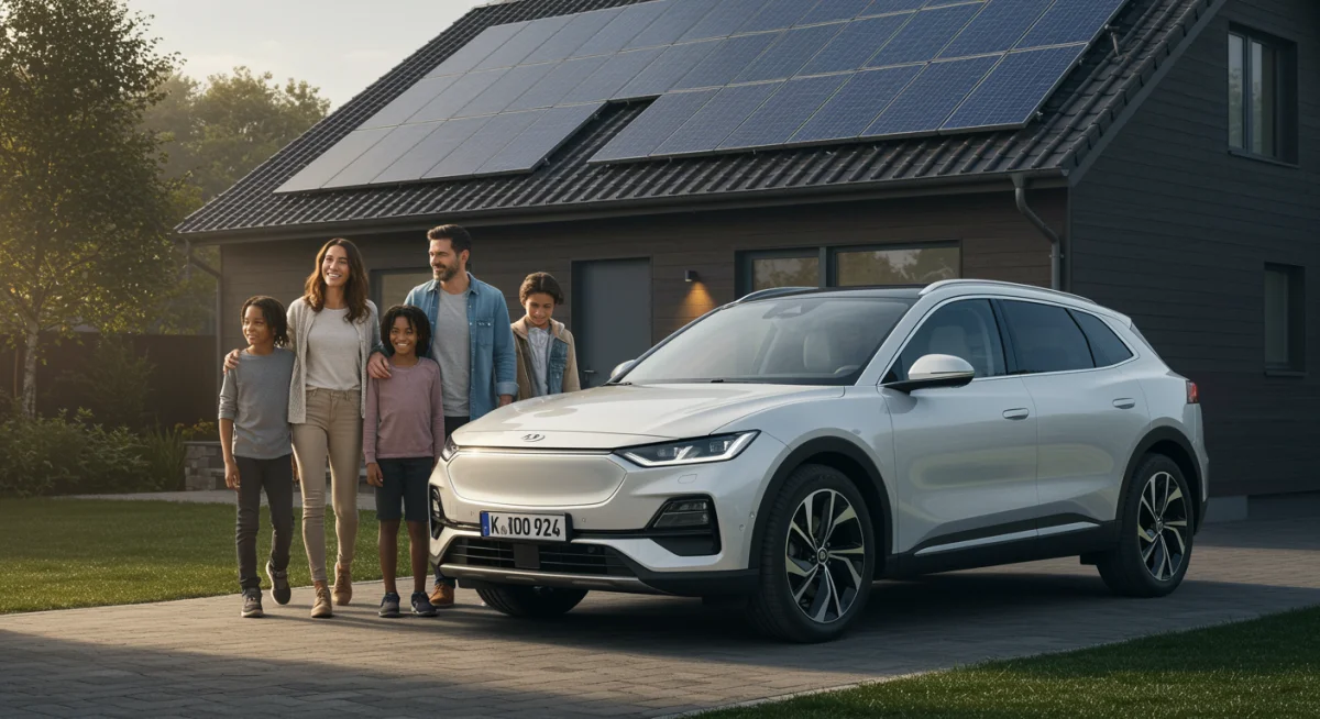 Família feliz ao lado de seu novo carro elétrico, simbolizando a aquisição e o futuro da mobilidade.