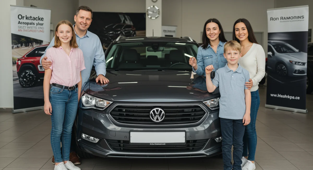 Família feliz comemora a aquisição de um carro novo após aprovação de financiamento.