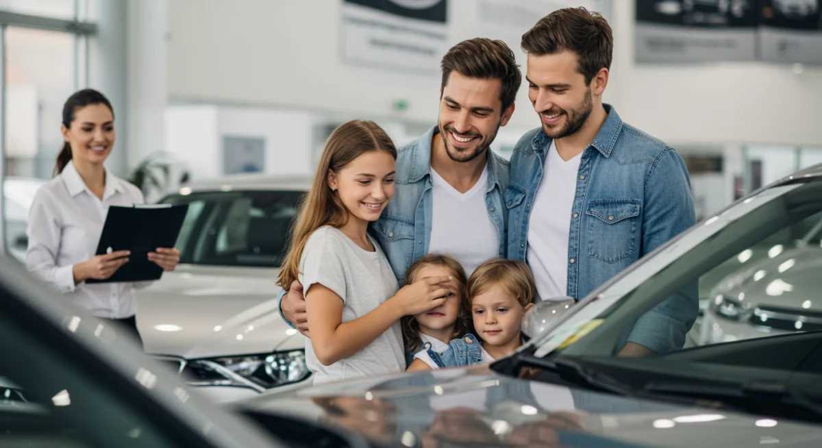 Família feliz observando um carro novo em uma concessionária após a aprovação do financiamento.