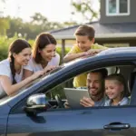 Planejamento financeiro familiar: carro sem comprometer o orçamento 2025 Família feliz em carro, planejando finanças para 2025