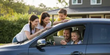 Família feliz em carro, planejando finanças para 2025