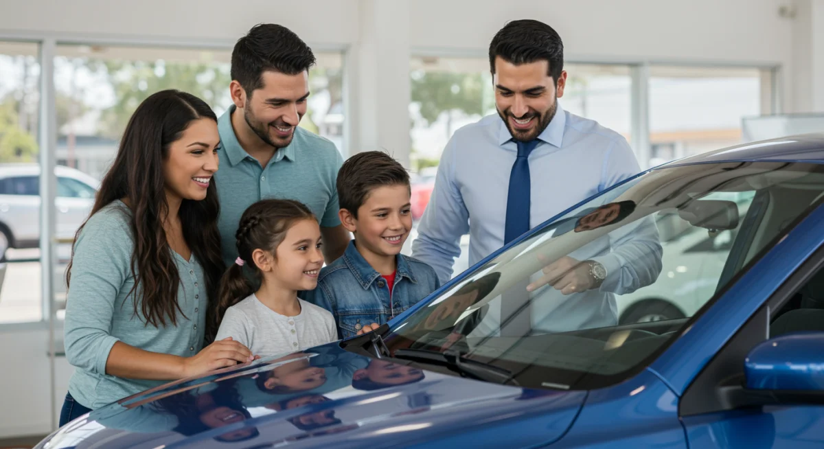 Família examinando alegremente um carro usado em uma concessionária, com um vendedor explicando os recursos, representando a compra bem-sucedida de um veículo.