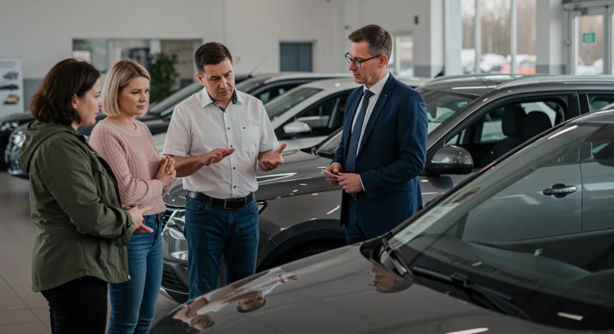Família em concessionária discutindo opções de financiamento de carro com vendedor, com carros ao fundo, refletindo decisões de compra.