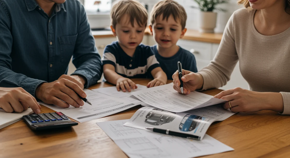 Família revisando documentos financeiros e folhetos de carros em uma mesa, planejando o orçamento para a compra de um veículo.