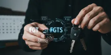 Pessoa segurando a chave de um carro usado, com representação digital de fundos FGTS e calendário de 2025 ao fundo, simbolizando planejamento financeiro e aquisição de veículo.