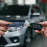 Mãos segurando um cartão de crédito e a chave de um carro, simbolizando a conquista do financiamento de veículos.