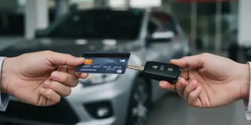 Mãos segurando um cartão de crédito e a chave de um carro, simbolizando a conquista do financiamento de veículos.