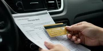 Mãos analisando documentos de financiamento de veículos com calculadora e chaves de carro, simbolizando comparação de taxas e negociação.