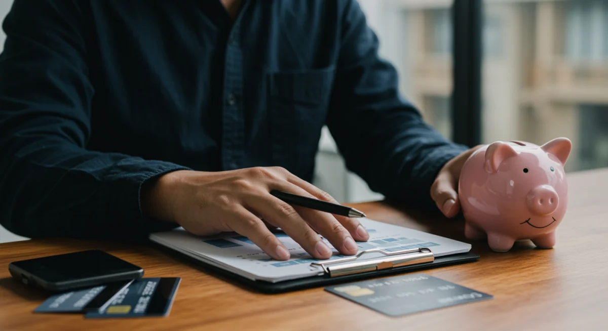Pessoa gerenciando finanças em um laptop, com gráficos de saúde financeira e um cofrinho, representando planejamento financeiro.