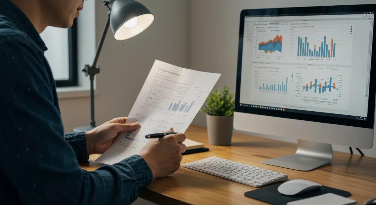Pessoa analisando documentos financeiros e um relatório de crédito em um computador, com foco em responsabilidade financeira.