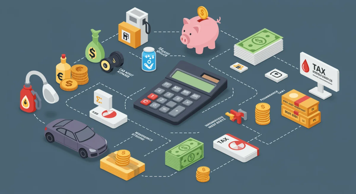 Ícones de despesas automotivas ao redor de uma calculadora, representando gestão de custos
