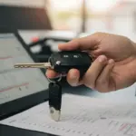 Pessoa analisando extrato bancário com chaves de carro, simbolizando a ligação entre histórico financeiro e financiamento veicular.