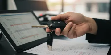Pessoa analisando extrato bancário com chaves de carro, simbolizando a ligação entre histórico financeiro e financiamento veicular.