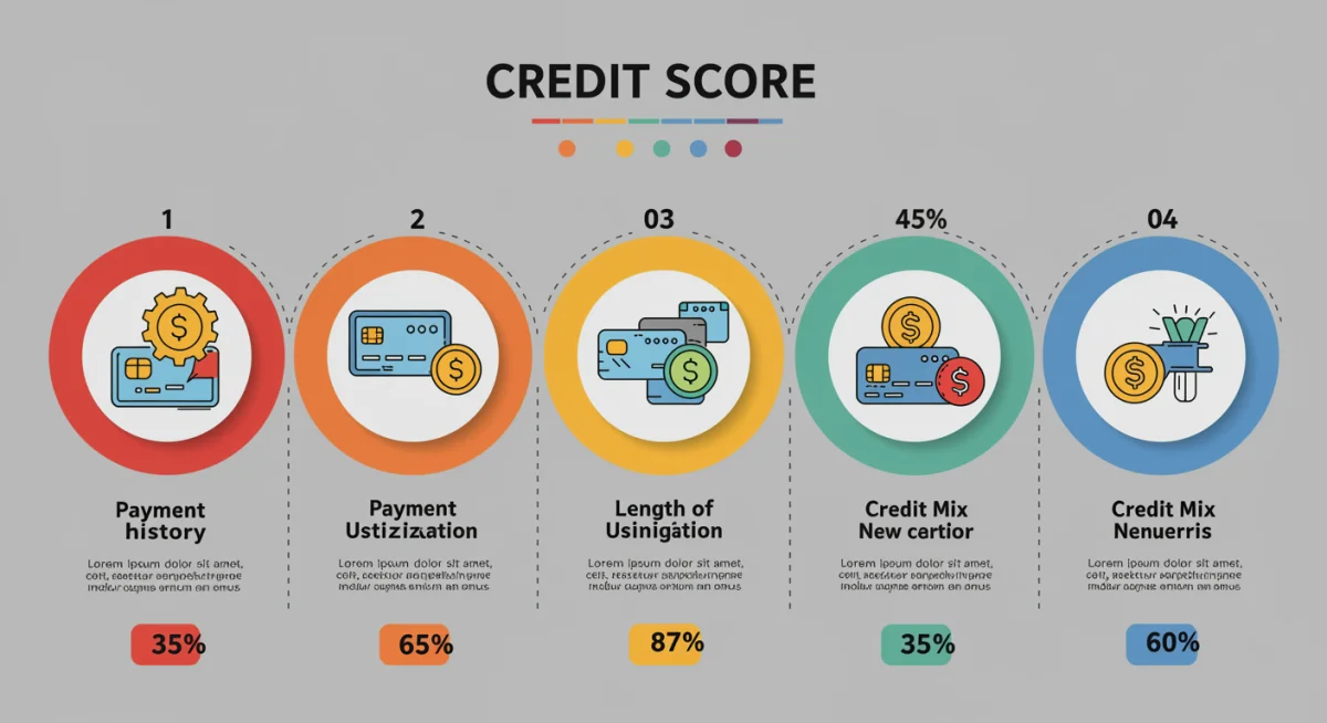 Infográfico detalhado sobre os componentes de score de crédito: histórico de pagamentos, utilização de crédito, tempo de histórico, novo crédito e tipos de crédito.