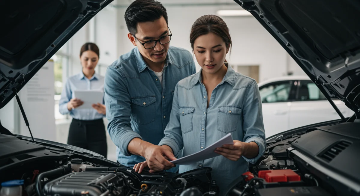 Casal inspecionando motor de carro usado em concessionária, destacando a importância da avaliação pré-financiamento.