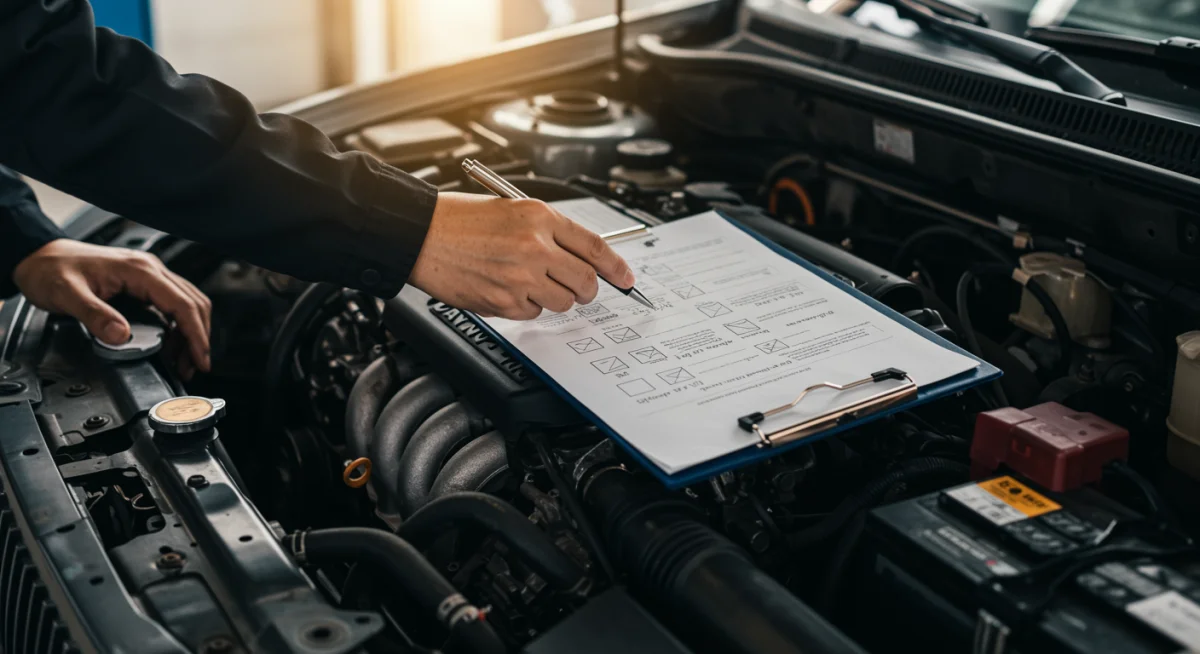 Mecânico inspecionando motor de carro antigo antes do financiamento