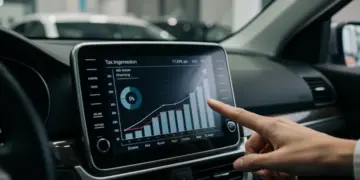 Painel de carro moderno com gráficos financeiros, simbolizando o impacto do aumento do IOF no financiamento automotivo.