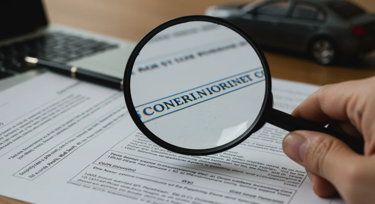 Mão segurando lupa sobre contrato de financiamento de carro, enfatizando a leitura de termos e condições.