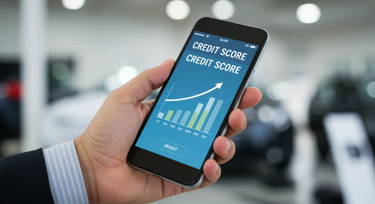 Mão segurando celular com aplicativo de score de crédito mostrando melhora.