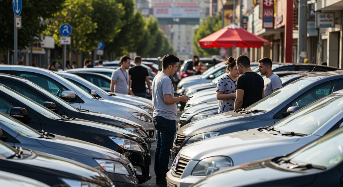 Pessoas observando carros usados à venda em uma rua movimentada, representando o mercado em adaptação.