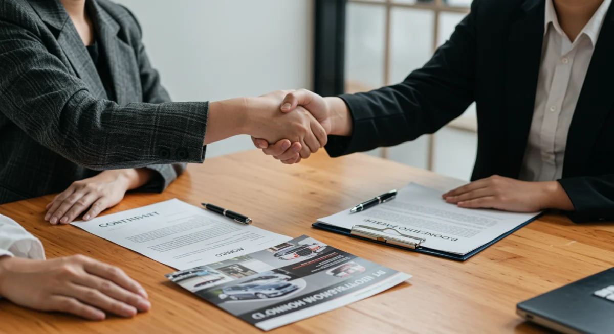 Comprador e consultor financeiro apertando as mãos após negociação de financiamento