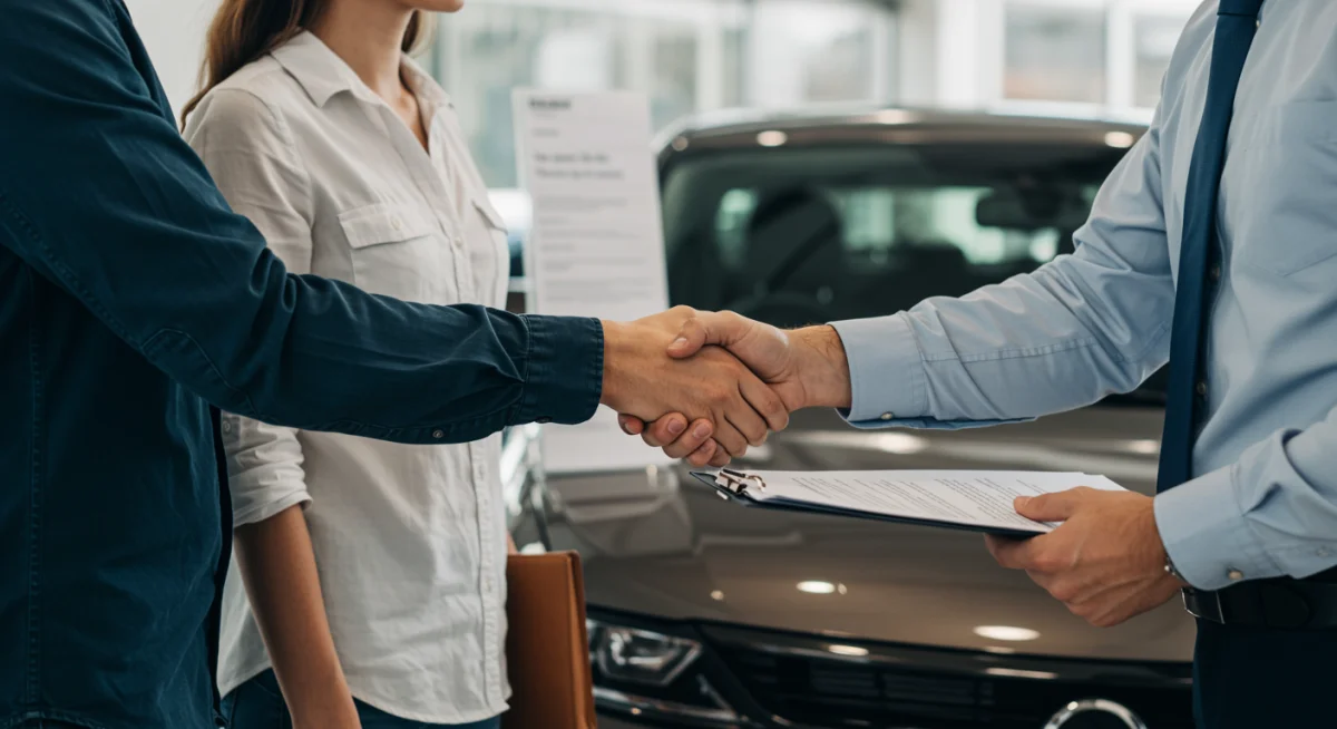 Casal apertando a mão de um vendedor de carros após negociação bem-sucedida de financiamento.