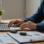 Negocie Taxas: Estratégias Secretas para Reduzir Juros do Financiamento de Veículo Pessoa analisando documentos e tela de computador com foco, simbolizando a negociação de taxas de juros de financiamento veicular.