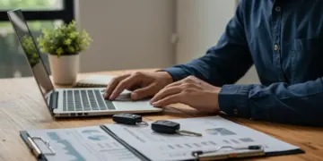 Pessoa analisando documentos e tela de computador com foco, simbolizando a negociação de taxas de juros de financiamento veicular.