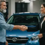 Negocie Taxas de Juros em Financiamento de Carro Usado 2025 Homem apertando a mão de um vendedor de carros, com um carro usado ao fundo, simbolizando negociação de taxas de juros de financiamento.