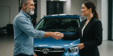 Homem apertando a mão de um vendedor de carros, com um carro usado ao fundo, simbolizando negociação de taxas de juros de financiamento.