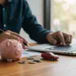 Planejamento Financeiro para Carro Novo: Economize R$500/Mês Pessoa organizando finanças para comprar um carro novo, com calculadora e cofrinho, planejando a entrada.