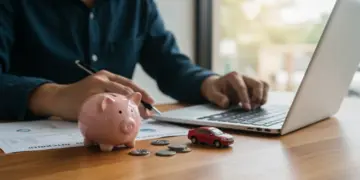 Pessoa organizando finanças para comprar um carro novo, com calculadora e cofrinho, planejando a entrada.