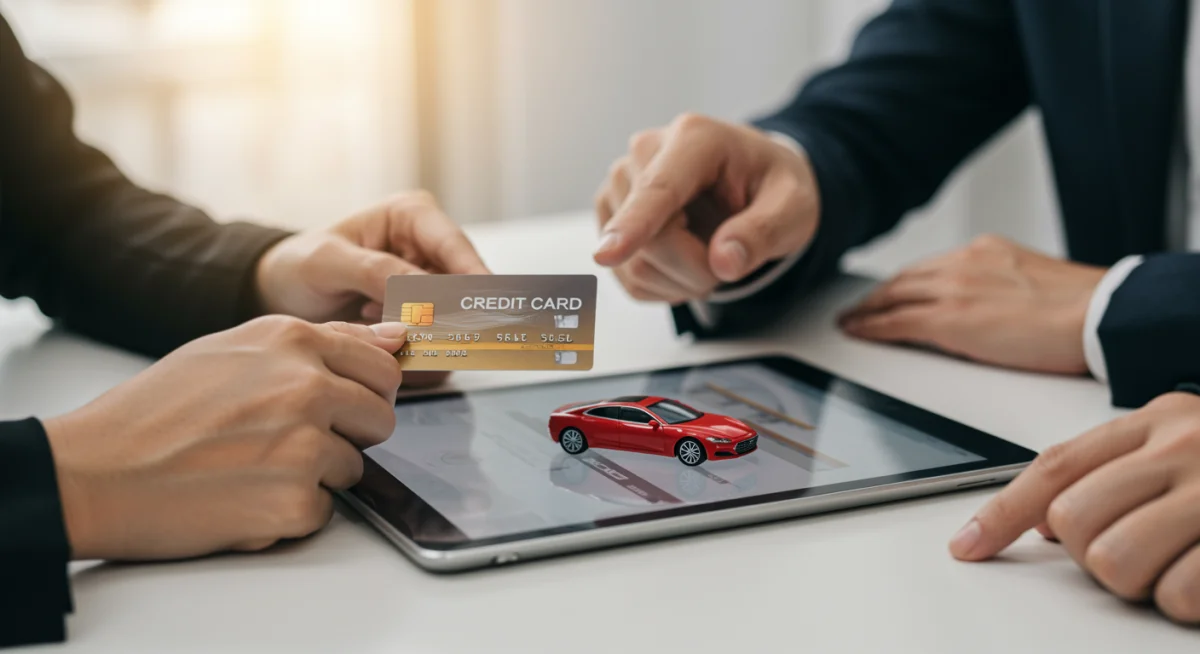 Mão segurando cartão de crédito e apontando para carro em tablet, representando o pagamento da entrada.