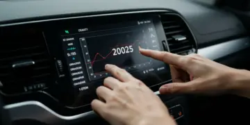Painel de carro com tela digital exibindo planos de financiamento e o ano 2025, simbolizando prazos estendidos de crédito automotivo.