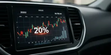 Painel de carro moderno com gráficos financeiros e indicação de taxa Selic, ano 2025, simbolizando o impacto no financiamento automotivo.