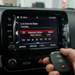 Taxas de Juros em Queda: Financiamento Automotivo em Janeiro de 2025 Painel de carro moderno com taxas de juros baixas e calendário de janeiro de 2025, com chave de carro em primeiro plano, representando financiamento automotivo.