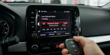 Painel de carro moderno com taxas de juros baixas e calendário de janeiro de 2025, com chave de carro em primeiro plano, representando financiamento automotivo.