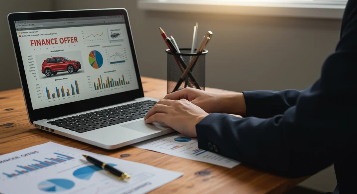 Pessoa pesquisando e comparando ofertas de financiamento de carro em um laptop