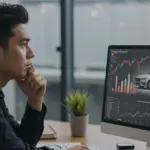 Financiamento de carros usados para negativados: opções e taxas 2025 Pessoa pesquisando opções de financiamento de carro usado para negativados em 2025, com gráficos financeiros ao fundo.