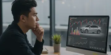 Pessoa pesquisando opções de financiamento de carro usado para negativados em 2025, com gráficos financeiros ao fundo.