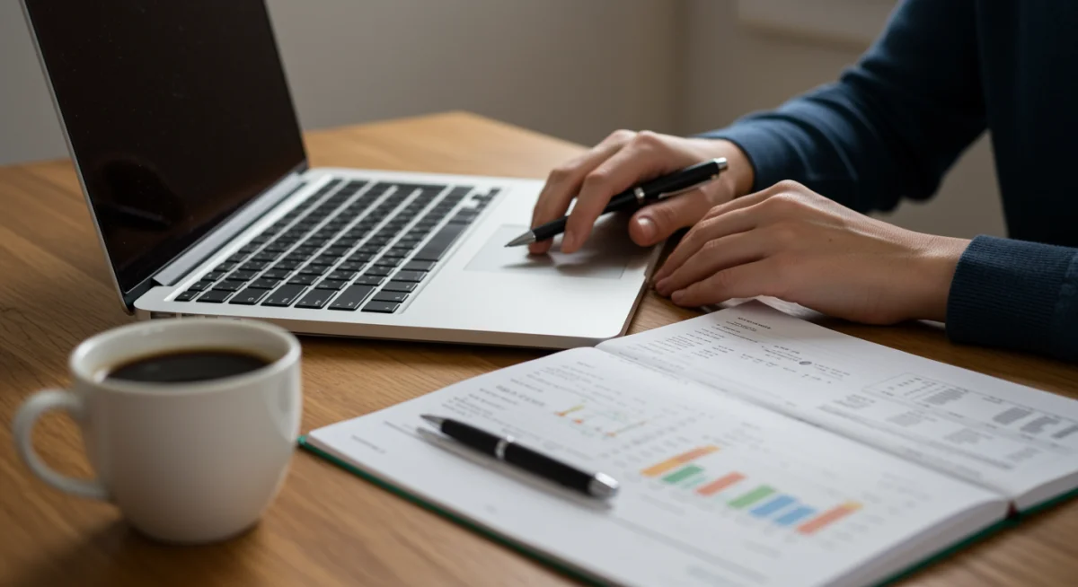 Mulher pesquisando opções de renegociação de financiamento em um notebook, comparando propostas de bancos.
