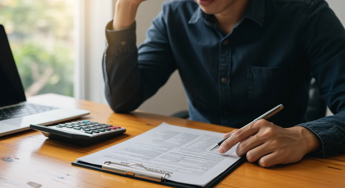 Pessoa estressada analisando contrato de financiamento automotivo com letras miúdas e calculadora.