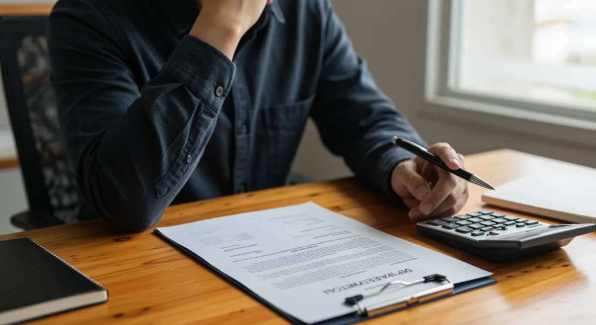 Pessoa estressada analisando contrato de financiamento com calculadora, simbolizando a complexidade das taxas.