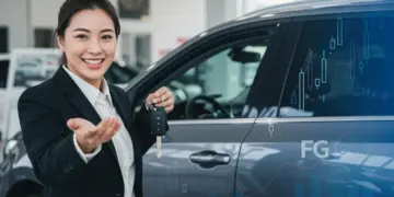 Pessoa sorrindo com chaves de carro novo, simbolizando a conquista da compra com FGTS.
