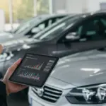 Pessoa pensativa em concessionária, olhando para carro novo, com tablet exibindo gráficos financeiros, representando a busca por financiamento com score baixo.