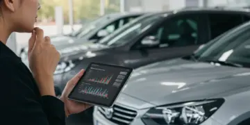 Pessoa pensativa em concessionária, olhando para carro novo, com tablet exibindo gráficos financeiros, representando a busca por financiamento com score baixo.