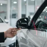 Homem contemplando um carro novo em concessionária, com gráficos financeiros e inflação de 4,5% em 2025.