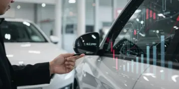 Homem contemplando um carro novo em concessionária, com gráficos financeiros e inflação de 4,5% em 2025.