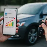 Financiamento de Veículos: Regularize seu CPF e Aumente Aprovação Pessoa feliz com chave de carro e celular exibindo score de crédito alto, representando aprovação de financiamento de veículo.